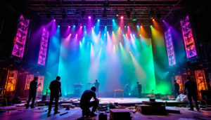 A photograph of a vibrant theatre set under construction