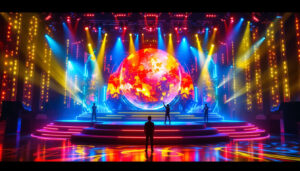 A photograph of a vibrant theater set showcasing an led display