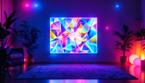 A photograph of a vibrant and visually striking custom led panel in a dynamic setting