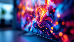 A photograph of a close-up shot of an led tv displaying vibrant colors and sharp images