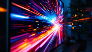 A photograph of a close-up shot of a modern led tv displaying vibrant