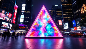 A photograph of a vibrant triangular led display showcasing dynamic visuals in an urban setting