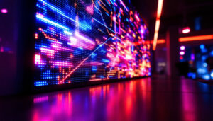 A photograph of a vibrant led display in a dimly lit environment