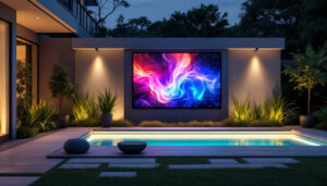 A photograph of a stylish outdoor privacy wall featuring an integrated led display