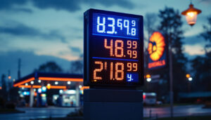 A photograph of capture a photograph of a vibrant led gas price sign at dusk
