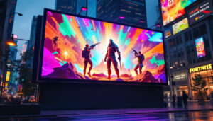 A photograph of a vibrant fortnite-themed led billboard in an urban setting
