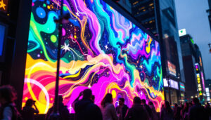 A photograph of a vibrant commercial led display screen in an urban setting