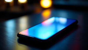 A photograph of a sleek smartphone showcasing its vibrant led display in a dimly lit environment
