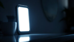 A photograph of capture a photograph of a stylish led touch light in a dimly lit room