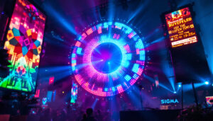 A photograph of a vibrant round led display in a dynamic setting