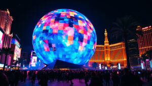 A photograph of the giant globe in las vegas illuminated at night