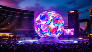 A photograph of capture a photograph of the las vegas sphere at dusk