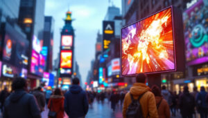 A photograph of a vibrant led display board showcasing dynamic advertisements or information in a bustling urban environment