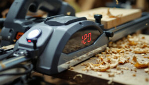 A photograph of a close-up shot of a modern planer with its led display in action