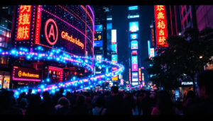A photograph of a vibrant led display in a bustling urban setting