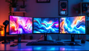 A photograph of capture a photograph of a sleek triple monitor stand in an aesthetically pleasing workspace