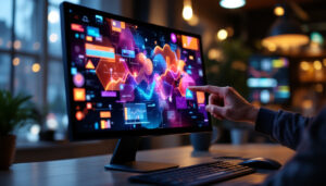 A photograph of a sleek touch screen computer monitor displaying vibrant graphics