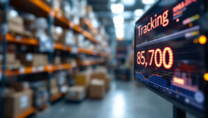 A photograph of a close-up shot of an led display screen prominently showing a tracking rma number