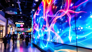 A photograph of a vibrant led display showcasing dynamic retail signage in a bustling shopping environment