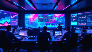 A photograph of a modern control room featuring a vibrant led display