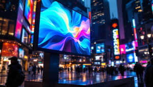 A photograph of a vibrant led display in a dynamic urban setting