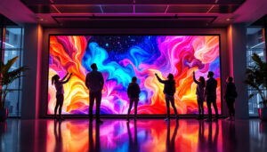 A photograph of a vibrant led wall display in a modern setting
