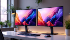 A photograph of capture a photograph of a sleek dual screen stand setup in a modern workspace