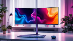 A photograph of a sleek dual display stand showcasing two vibrant led screens side by side