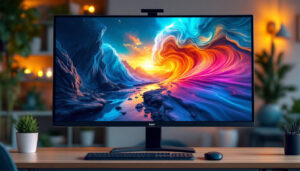 A photograph of a large format monitor displaying vibrant