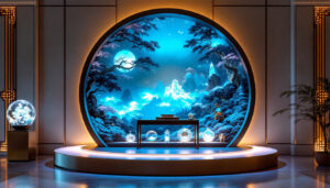 A photograph of the large chinese round wall display case featuring vibrant led displays