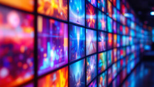 A photograph of a vibrant wall of led monitors displaying dynamic visuals
