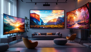 A photograph of a variety of projector screens of different sizes set up in a well-lit room