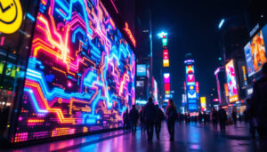 A photograph of a vibrant led display in a dynamic urban setting