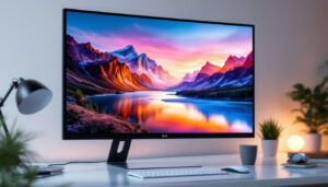 A photograph of a sleek led monitor displaying vibrant colors and sharp images
