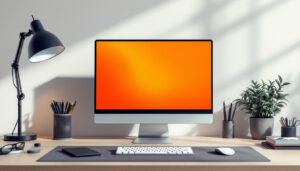 A photograph of a compact led computer monitor set on a minimalist desk
