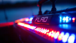 A photograph of a close-up shot of a brightly lit led display on a planer board
