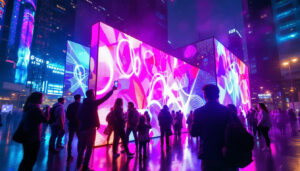A photograph of a vibrant led display in an urban setting