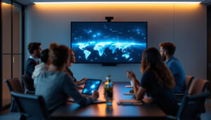 A photograph of a modern portable conference room setup featuring a sleek led display in use