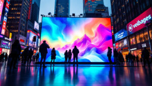 A photograph of a vibrant led display in a bustling urban environment