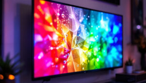 A photograph of a vibrant led display showcasing a variety of colors and images