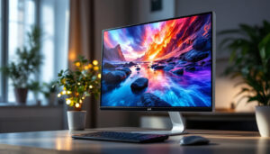 A photograph of a sleek 22-inch led screen displaying vibrant