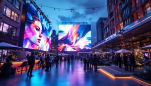 A photograph of a vibrant outdoor setting featuring a large led display showcasing dynamic visuals