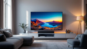 A photograph of a sleek floor model led tv displayed in a modern living room setting