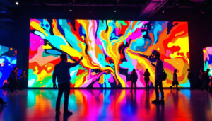A photograph of a vibrant led display in a dynamic setting