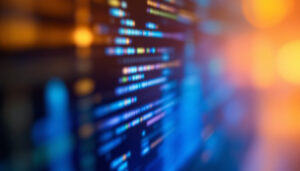 A photograph of a close-up view of a monitor displaying a vibrant blue pixel