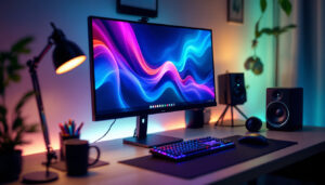 A photograph of a sleek desktop setup featuring the brackets for desktop led display in action