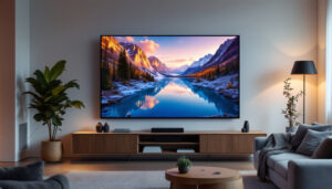 A photograph of a sleek front projection tv setup in a modern living room