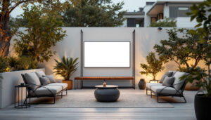 A photograph of a stylish outdoor setting featuring a portable privacy wall with an integrated led display