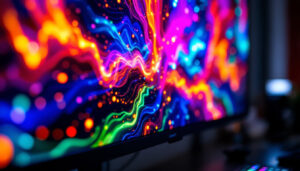 A photograph of a close-up shot of a vibrant led monitor displaying a colorful and dynamic visual