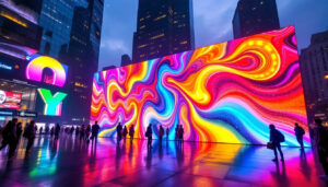 A photograph of a vibrant led display installation in an urban setting